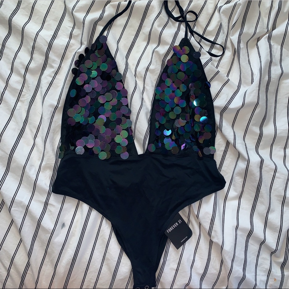 Black Holographic Sequin Lowcut Halter Bodysuit